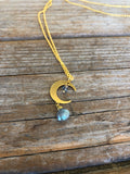18k Long Brass Labradorite Moon Necklace