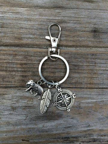 Elephant, Feather, and Compass Keychain
