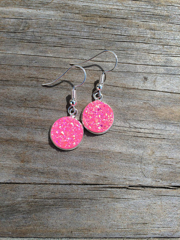 Silver Pink Druzy Dangle Earrings