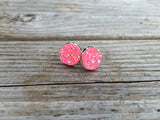 Silver Pink Druzy Stud Earrings