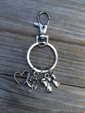 Heart Rose and Bow Charm Keychain