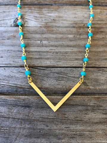 Teal Beaded V Necklace