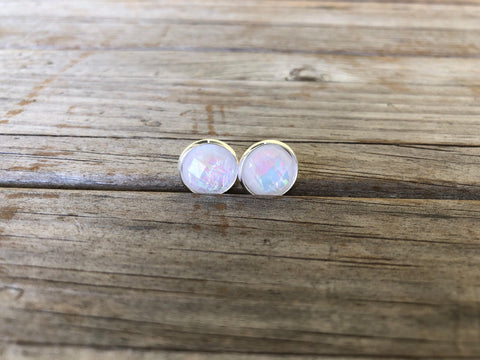 White Pearlescent Druzy Stud Earrings