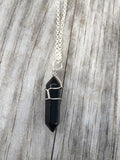 Natural Black Onyx Raw Crystal Wire Wrapped on a Silver Plated Necklace 18 inches