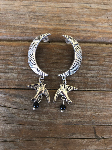 Onyx Bird Moon Earrings