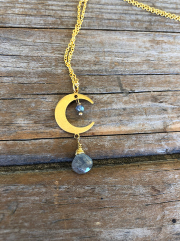 18k Long Brass Labradorite Moon Necklace