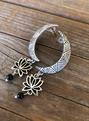 Onyx Lotus Moon Earrings