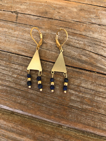 Lapis Lazuli Brass Triangle Earrings